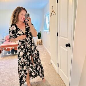 Show Me Your Mumu Black Pink Floral Wrap Maxi Dress XS